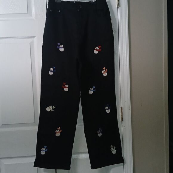 Quacker Factory black snowmen black wide leg jeans winter Sz Large (14/16) NWT - Picture 1 of 8